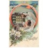 n°24122 - Carte Gaufrée - Fröhliche Weihnachten - Anges Gardiens regardant par une Fenêtre