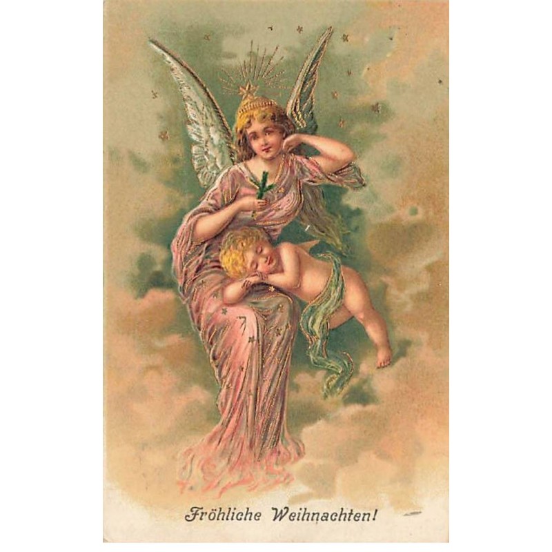 n°24126 - Carte Gaufrée - Fröhliche Weihnachten - Ange Gardien et Angelot s'endormant sur ses genoux