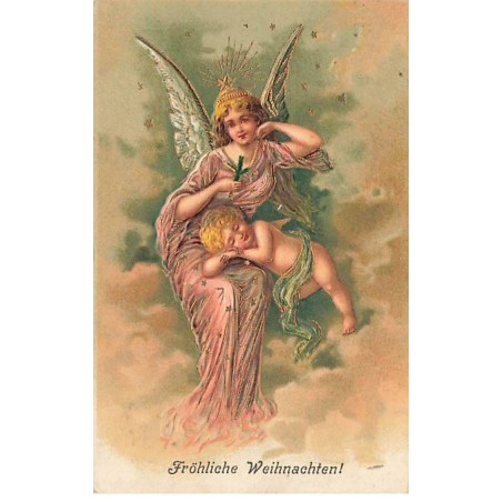 n°24126 - Carte Gaufrée - Fröhliche Weihnachten - Ange Gardien et Angelot s'endormant sur ses genoux