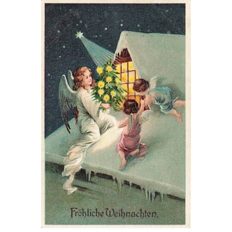 n°24129 - Carte Gaufrée - Fröhliche Weihnachten - Ange Gardien et Angelots sur le Toit d'une Maison