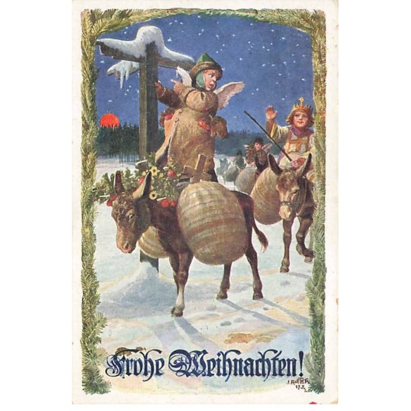 n°24133 - Frohe Weihnachten - J. Rotter - Angelots et Roi Mage sur des ânes