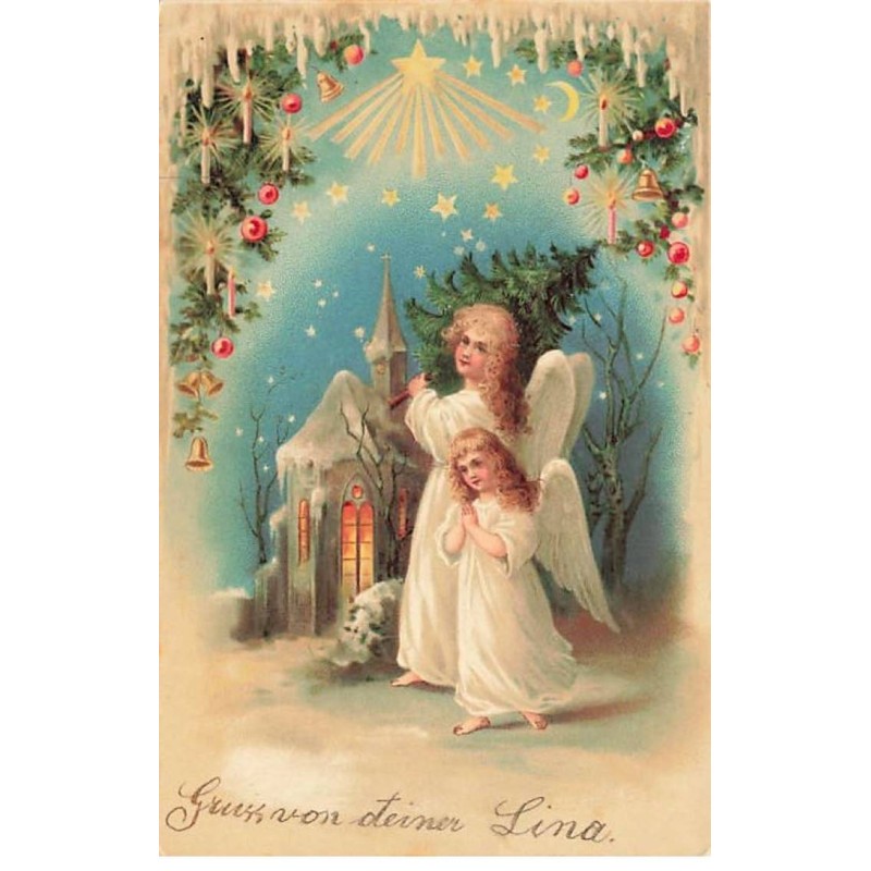 n°24141 - Anges avec un sapin devant une Chapelle