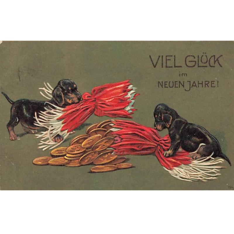 n°24145 - Carte Gaufrée - Nouvel An - Teckels et Pièces de Monnaie - Dackel