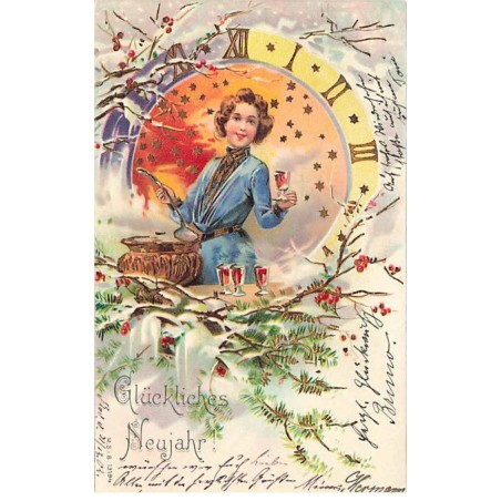 n°24150 - Glückliches Neujahr - Femme servant du vin chaud