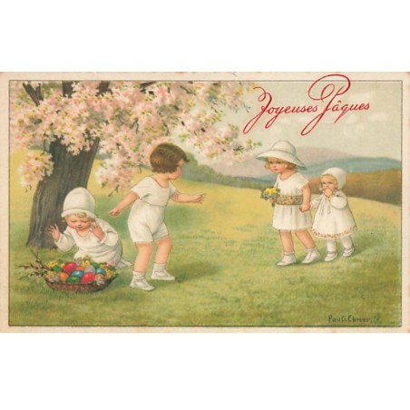 n°24155 - Illustrateur - P. Ebner - Joyeuses Pâques - Enfants ramassant des oeufs