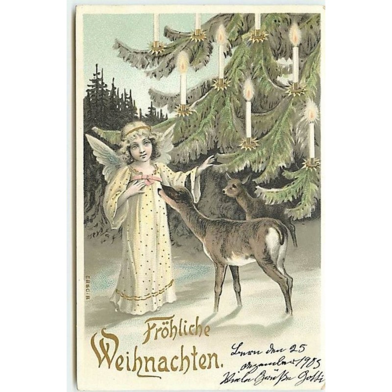 n°11729 - Carte Fantaisie Gaufrée - Fröhliche Weihnachten - Ange et Biche