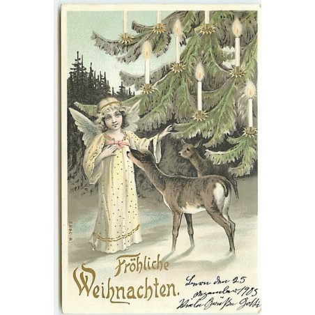 n°11729 - Carte Fantaisie Gaufrée - Fröhliche Weihnachten - Ange et Biche
