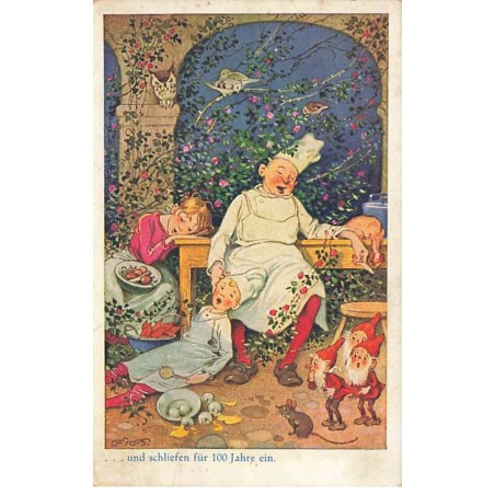n°24156 - Illustrateur - F. Baumgarten - Und schliefen für 100 Jahre ein - Lutins regardant un cuistot dormant