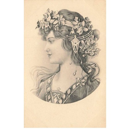 n°24159 - Illustrateur - Art Nouveau - Jeune femme de profil avec des fleurs dans les cheveux