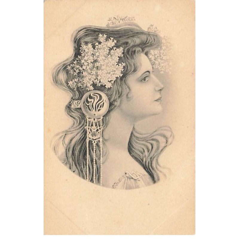 n°24160 - Illustrateur - Art Nouveau - Jeune femme de profil avec des fleurs dans les cheveux