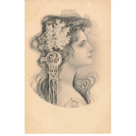 n°24160 - Illustrateur - Art Nouveau - Jeune femme de profil avec des fleurs dans les cheveux