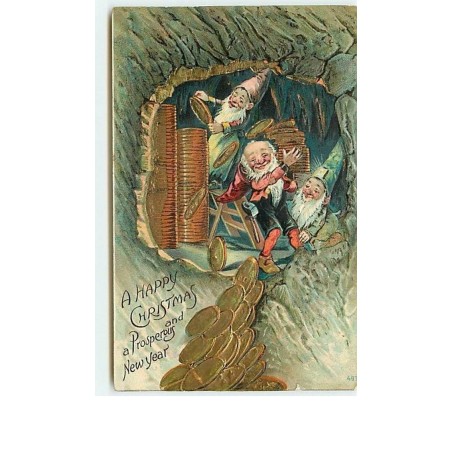 n°11730 - Carte Fantaisie Gaufrée - A Happy Christmas - Nains, Lutins avec des Pièces d'Or