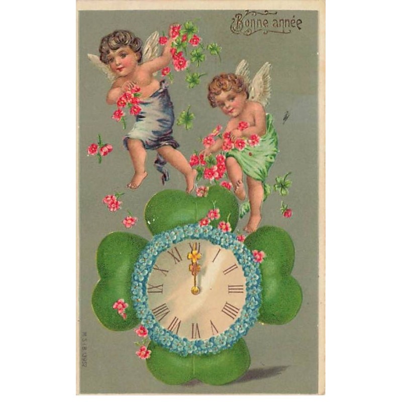 n°24174 - Carte Gaufrée - MSIB 13952 - Bonne Année - Anges décorant de fleurs une pendule