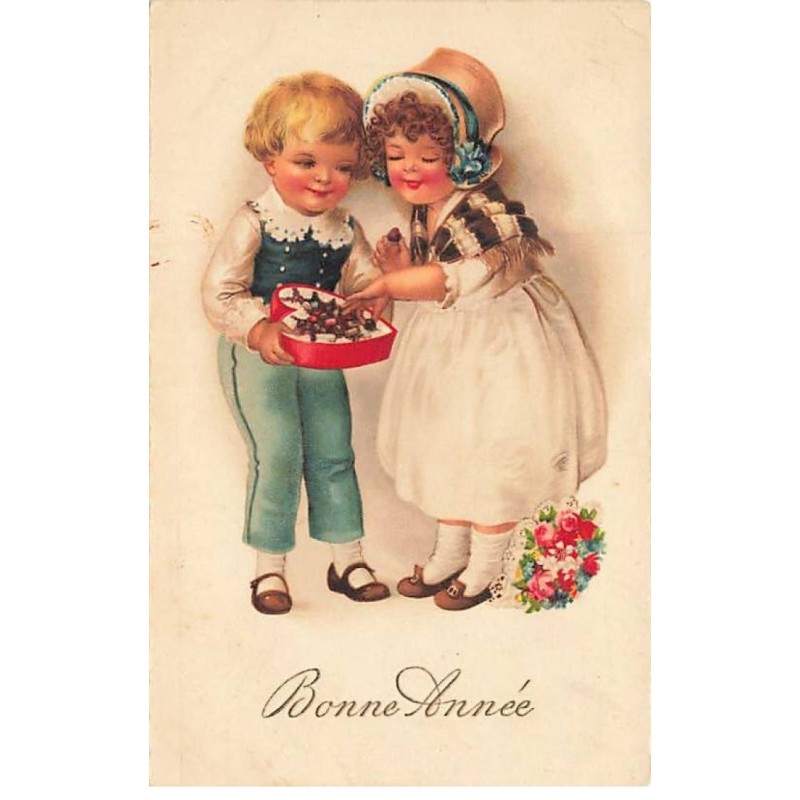 n°24175 - Clapsaddle - Bonne Année - Couple d'enfants mangeant des chocolats