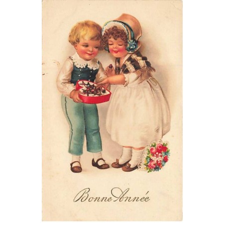 n°24175 - Clapsaddle - Bonne Année - Couple d'enfants mangeant des chocolats