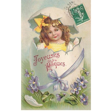 n°24179 - Carte Gaufrée - Joyeuses Pâques - Fillette dans un oeuf décoré de violettes
