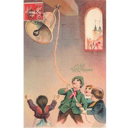 n°24181 - Carte Gaufrée -Joyeuses Pâques - Enfants sonnant une cloche
