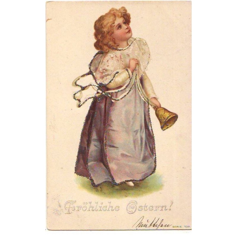 n°24183 - Carte à Paillettes - Clapsaddle - Fröliche Ostern - Jeune fille sonnant une cloche