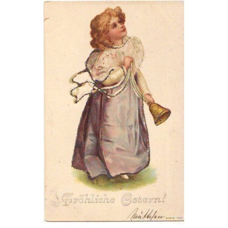 n°24183 - Carte à Paillettes - Clapsaddle - Fröliche Ostern - Jeune fille sonnant une cloche