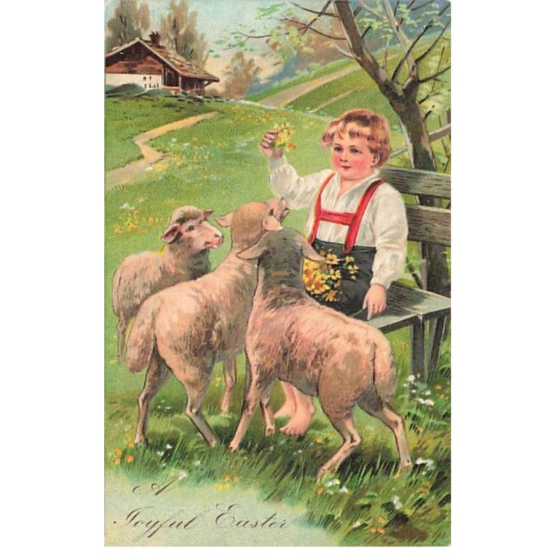 n°24185 - Carte Gaufrée - Pâques - Joyful Easter - Garçon entouré de moutons