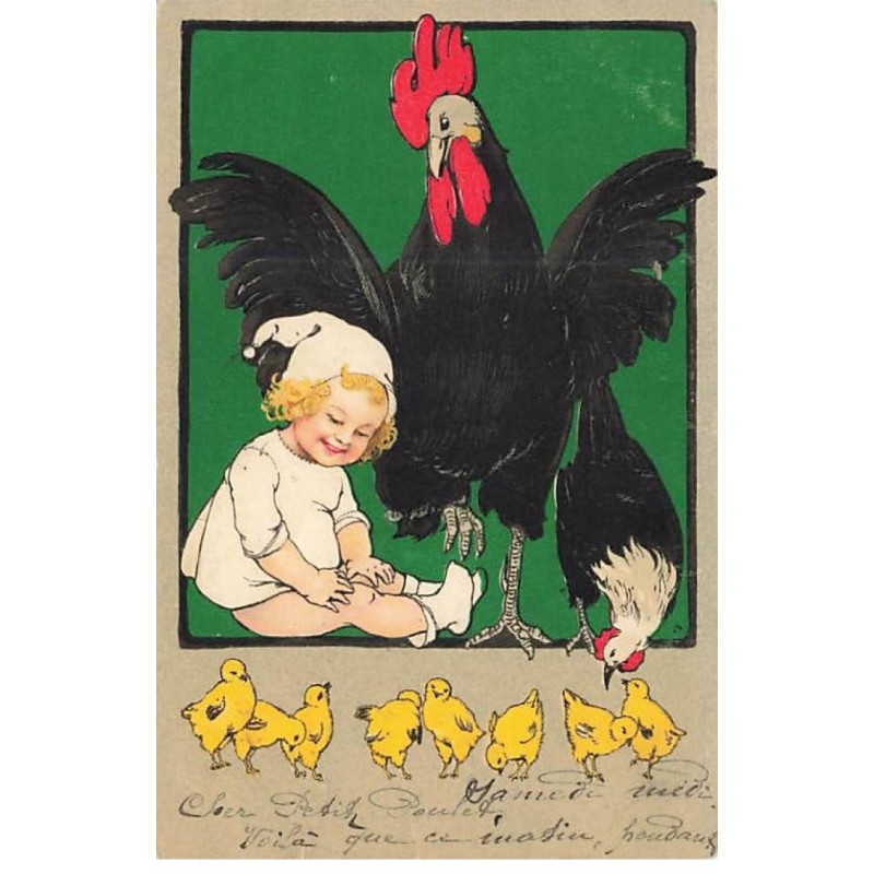 n°24188 - Pâques - Flatscher - Bébé assis regardant des poussins, près d'un coq et d'une poule