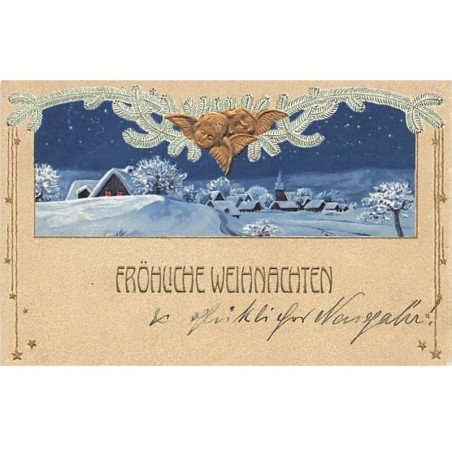 n°24192 - Carte Gaufrée - Noël - Fröhliche Weihnachten - Village sous la neige - Têtes d'anges