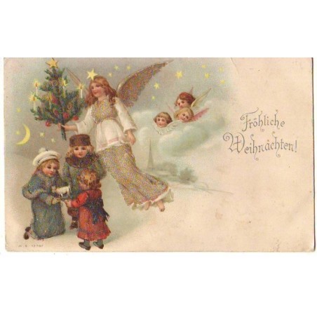 n°24193 - Carte à perles - Brundage ? - Fröhliche Weihnachten - Ange gardien apportant un sapin, près d'enfants