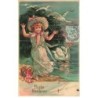 n°24197 - Carte Gaufrée - Fantaisie - Porte Bonheur - Cygnes volant au-dessus d'une fillette