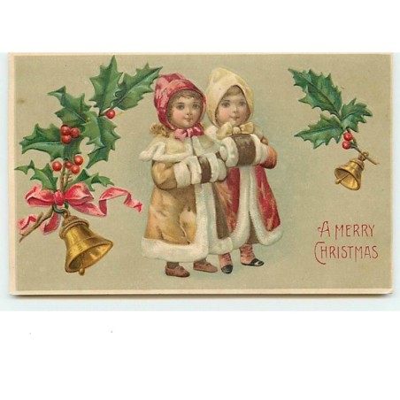 n°11742 - Carte Fantaisie Gaufrée - A Merry Christmas - Enfants et Manchons - Cloches