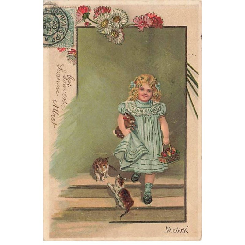 n°24199 - Illustrateur - A. Mailick - Fillette avec des chatons - chat