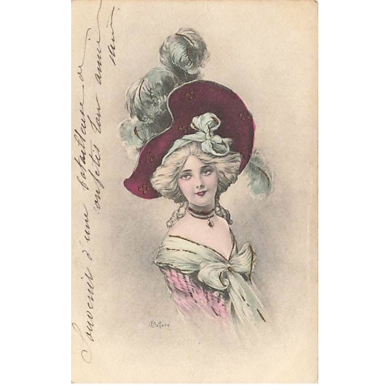n°24206 - Illustrateur - Bottaro - Jeune femme portant un chapeau à plume