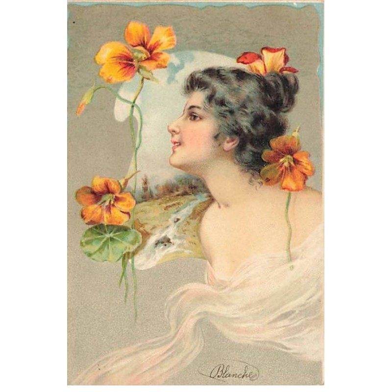 n°24208 - Illustrateur - Une jeune femme entourée de fleurs devant un paysage