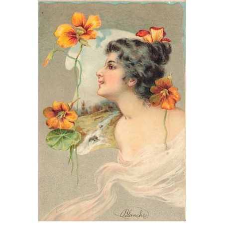 n°24208 - Illustrateur - Une jeune femme entourée de fleurs devant un paysage