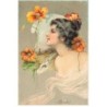 n°24208 - Illustrateur - Une jeune femme entourée de fleurs devant un paysage