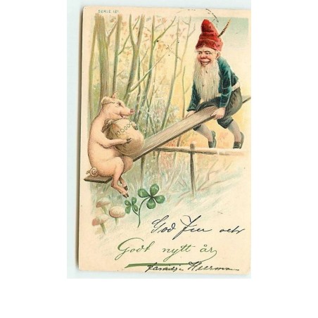 n°11743 - Carte Fantaisie Gaufrée - Godt Nytt Ar - Nain, Lutin faisant de la balancelle avec un Cochon
