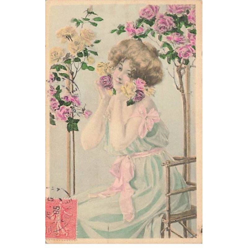 n°24209 - Illustrateur - Jeune femme assise sous des rosiers
