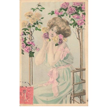 n°24209 - Illustrateur - Jeune femme assise sous des rosiers
