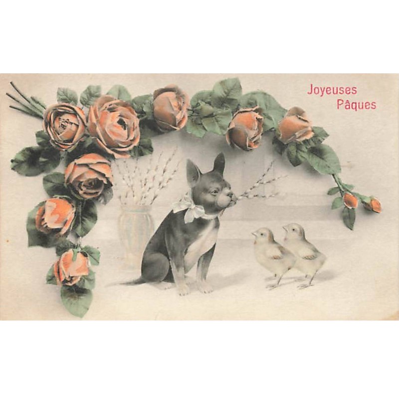 n°24218 - Joyeuses Pâques - Bouledogue Français près de poussins, sous une guirlande de roses