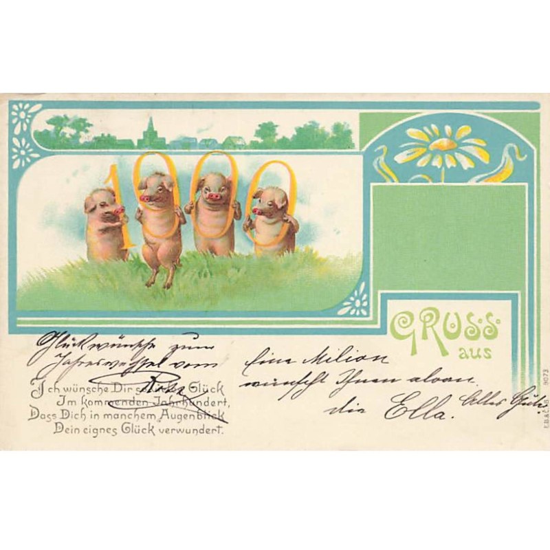 n°24220 - Nouvel An - Gruss aus 1900 - Cochons - Décor Art Nouveau