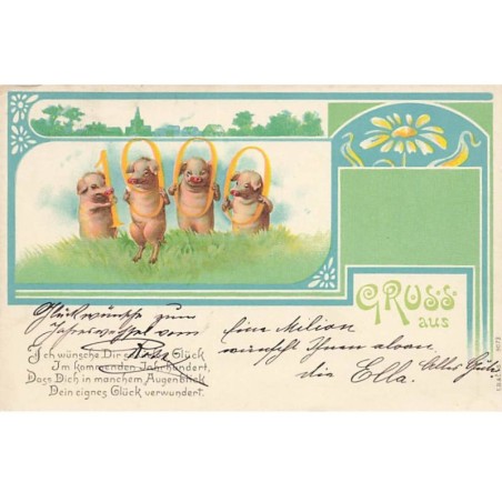 n°24220 - Nouvel An - Gruss aus 1900 - Cochons - Décor Art Nouveau