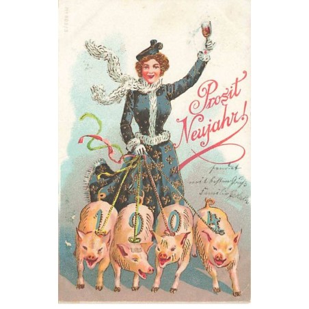 n°24221 - Carte Gaufrée - Prosit Neujahr 1904 - Jeune femme trinquant et tenant des cochons en laisse