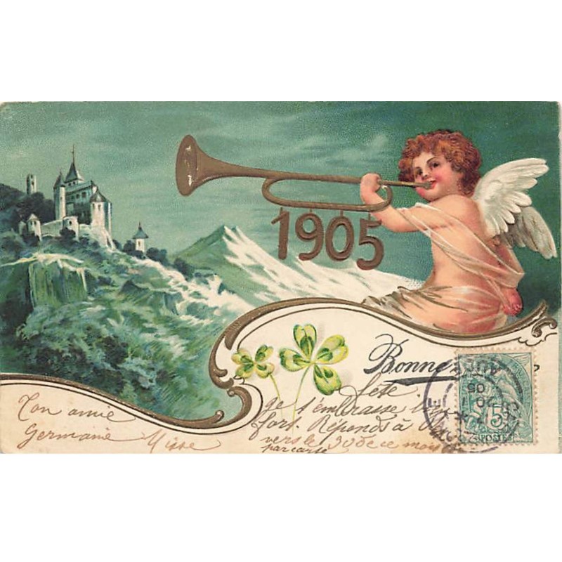 n°24225 - Carte Gaufrée - Clapsaddle - Nouvel An - 1905 - Ange sonnant dans une trompette
