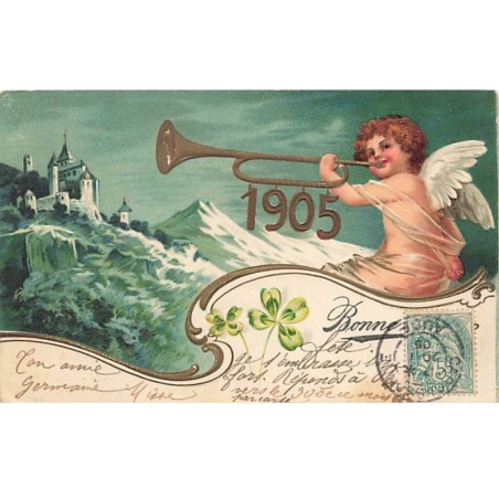 n°24225 - Carte Gaufrée - Clapsaddle - Nouvel An - 1905 - Ange sonnant dans une trompette