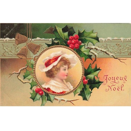 n°24233 - Carte Gaufrée - Clapsaddle - Joyeux Noël - Fillette dans un médaillon entouré de cloches et de houx