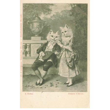 n°24241 - Fantaisie - A. Dreher - Chanson d'Amour - Chats habillés, l'un jouant la sérénade pour l'autre - Cat