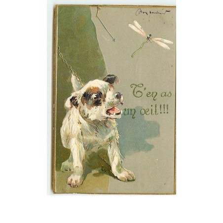 n°11750 - Carte Fantaisie Gaufrée - Chien et Libellule - T'en a un Oeil