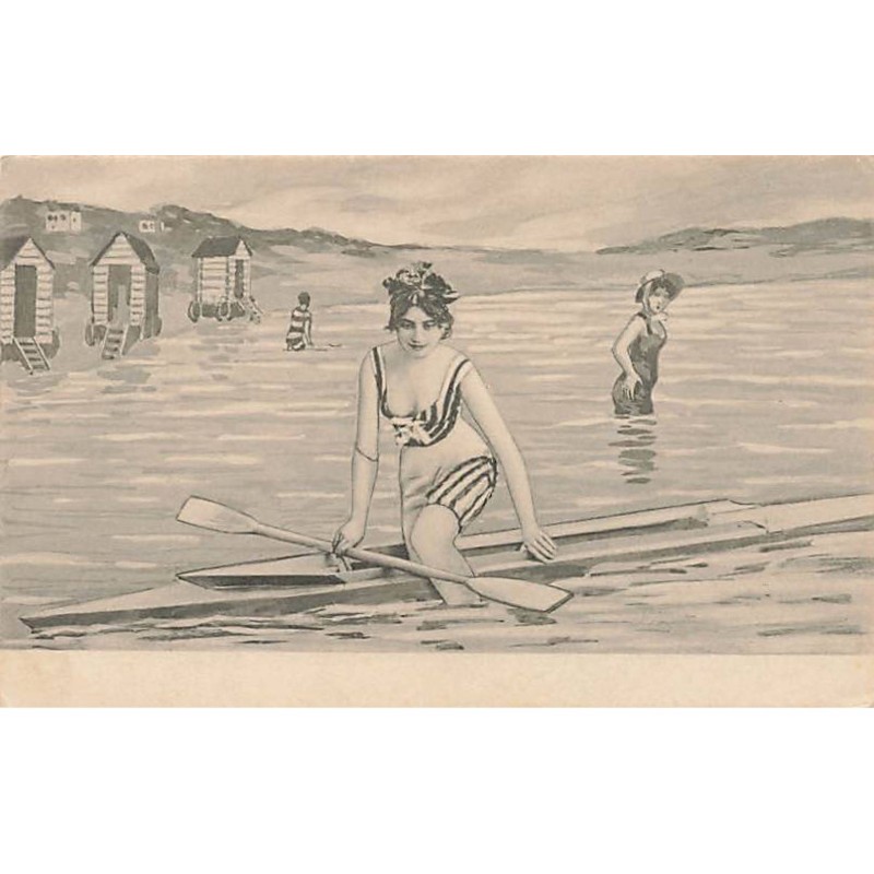 n°24261 - Illustrateur - Jeune femme faisant de l'aviron dans la mer - Baigneuse
