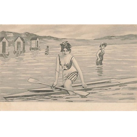 n°24261 - Illustrateur - Jeune femme faisant de l'aviron dans la mer - Baigneuse