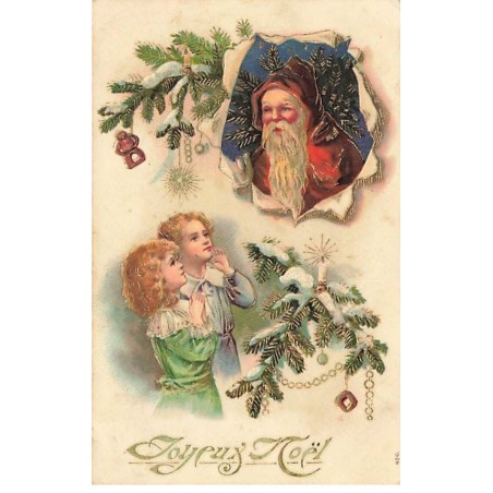 n°24268 - Carte Gaufrée - Joyeux Noël - Père Noël regardant deux fillettes