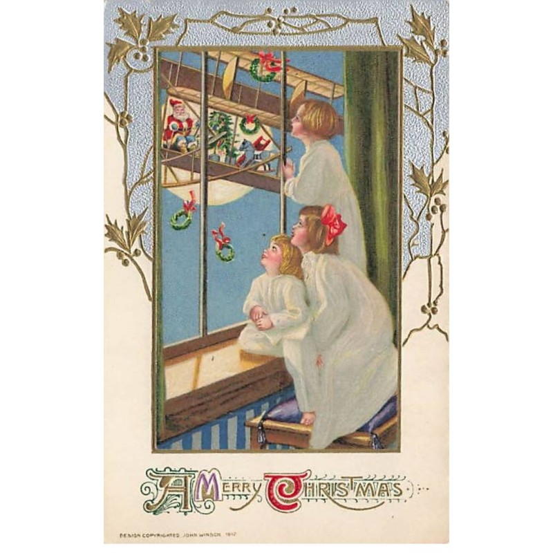 n°24269 - Carte Gaufrée - Noël - A Merry Christmas - Enfants regardant le Père Noël dans un avion  rempli de jouets